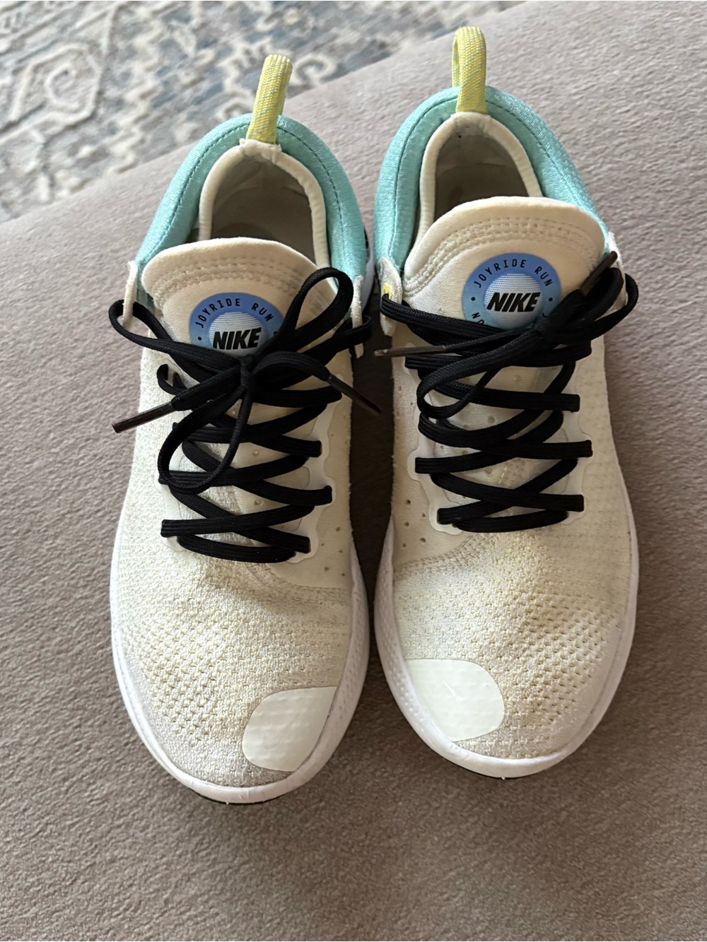 Nike Cream Knit Sneakers with Aqua Collar and Black Laces